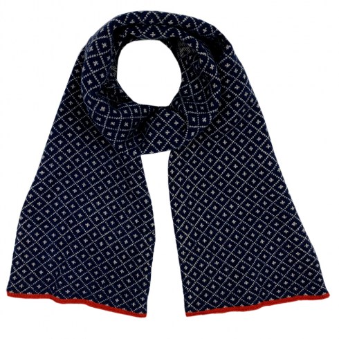 fairisle diamond pattern scarf navey with brick red trims